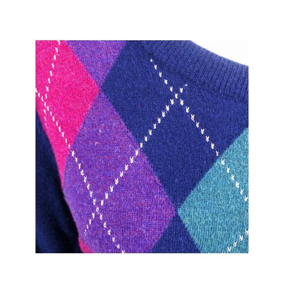 Talbots Petites MP Argyle Lambswool Blend Sweater Navy Purple Teal Preppy - Picture 5 of 10